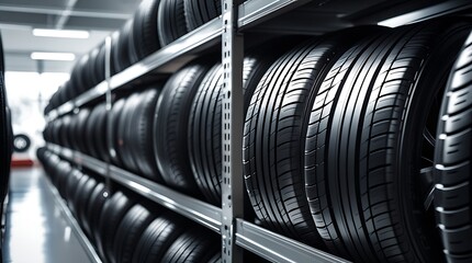 Neatly arranged new automobile tires on racks inside a tire warehouse, displaying the rubber texture and tread pattern under soft light in a professional automotive environment

