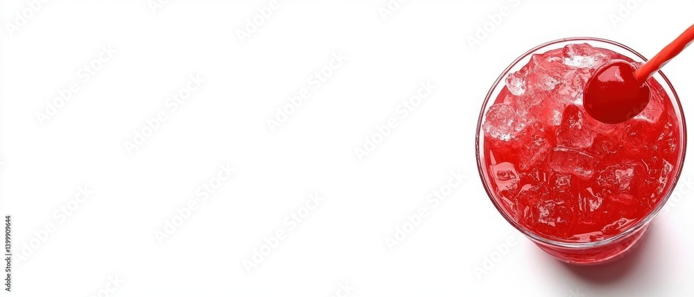 Poster refreshing red cocktail with cherry garnish and ice cubes on a white background in a minimalist styl
