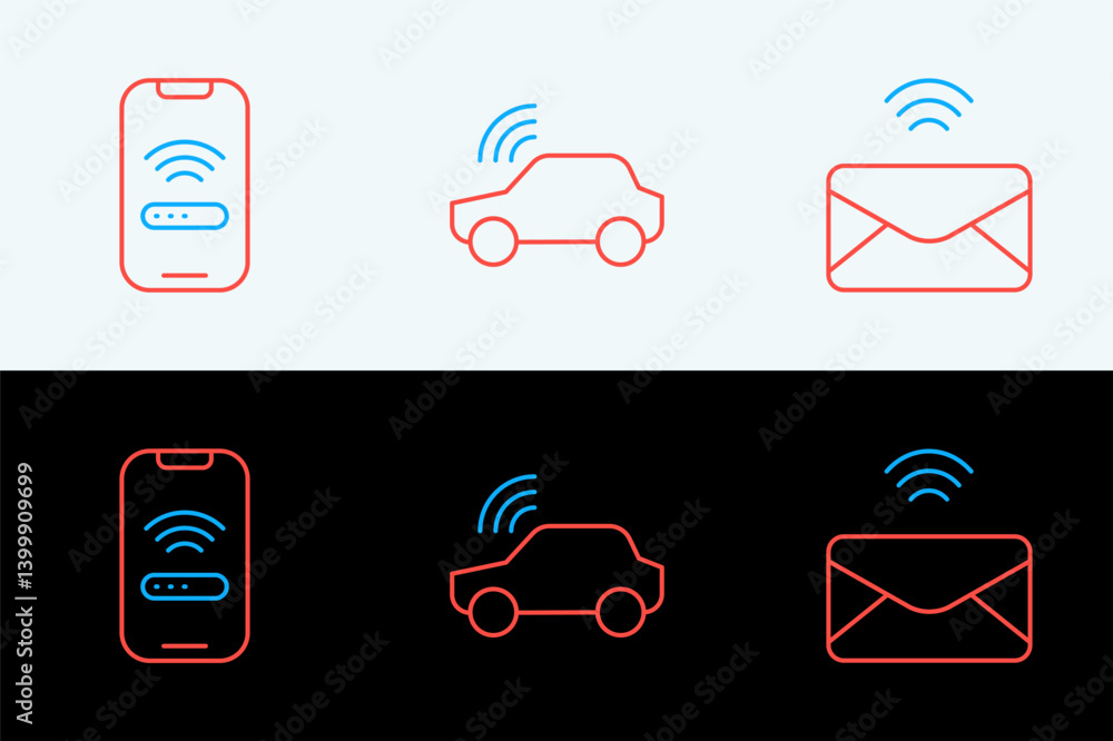 Poster set line mail and e-mail, mobile with wi-fi wireless and smart car system icon. vector
