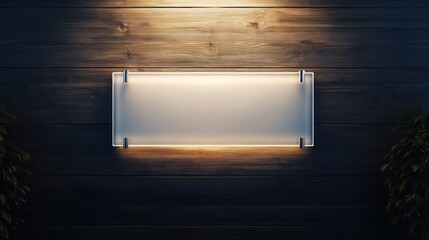 A clean minimal office signage design featuring frosted acrylic typography subtly glowing against a dark wooden background creating a refined