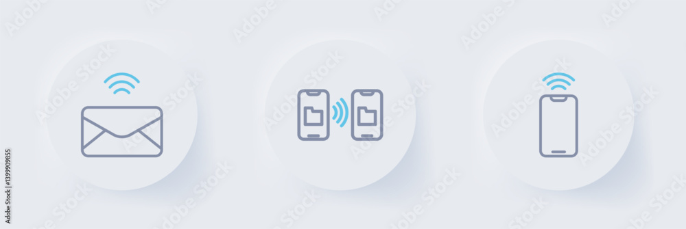 Aufkleber set line mobile with wi-fi wireless, data transfer and storage and mail e-mail icon. vector