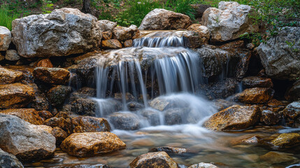 A natural waterfall cascades over a collection of smooth rocks, surrounded by lush greenery under bright daylight. This tranquil setting invites relaxation and reflection