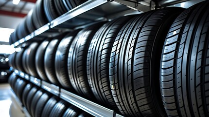 Neatly arranged new automobile tires on racks inside a tire warehouse, displaying the rubber texture and tread pattern under soft light in a professional automotive environment

