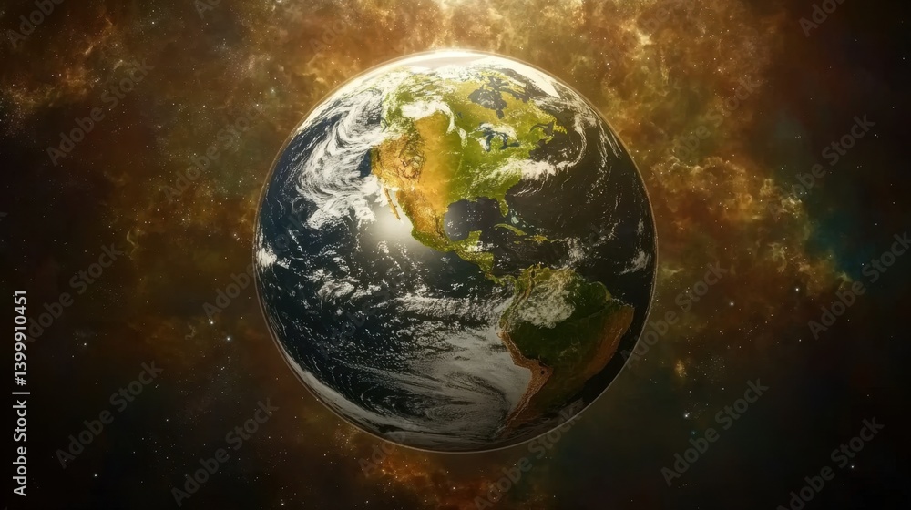 Poster earth in space with continents and clouds against a cosmic background illuminating the planet from a