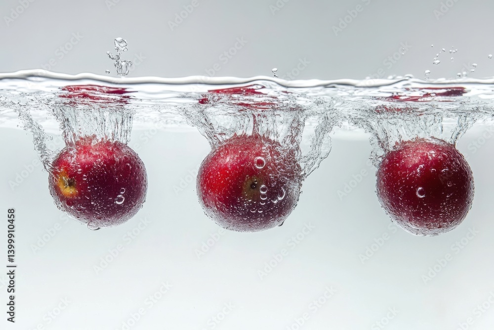 Poster three fresh red apples splashing into clear water creating a refreshing and vibrant scene showcasing