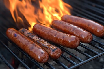 Sizzling sausages on a barbecue grill with vibrant flames creating a warm inviting atmosphere for outdoor cooking and summer gatherings