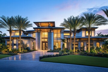 Modern, luxurious waterfront estate at twilight.  Expansive, contemporary home with sleek lines and large windows, nestled amongst lush landscaping and tropical palm trees