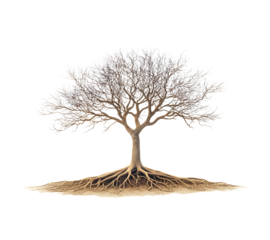 tree on white background. A tree that is seen standing with a taproot system. Roots, branches and root filaments, cross section with white background.
