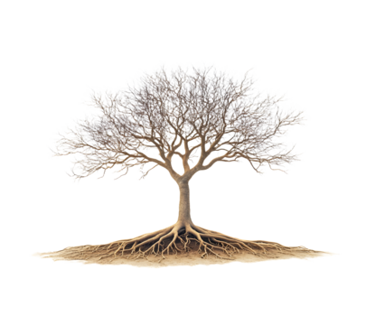 tree on white background. A tree that is seen standing with a taproot system. Roots, branches and root filaments, cross section with white background.