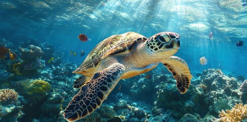 Fototapeta premium Giant sea turtle swimming through a coral reef, vibrant marine life, ultra-detailed underwater environment