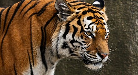 Fototapeta premium Majestic Tiger Portrait: Orange and Black Stripes Against a Dark Forest Backdrop AI Generated