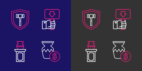 Set line Auction ancient vase, Hand holding auction paddle and hammer icon. Vector