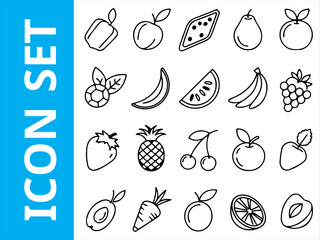 Set of Fruit Icons – Various Fresh Fruits Including Apple, Banana, Orange, and More in Flat Design | Vector illustration.