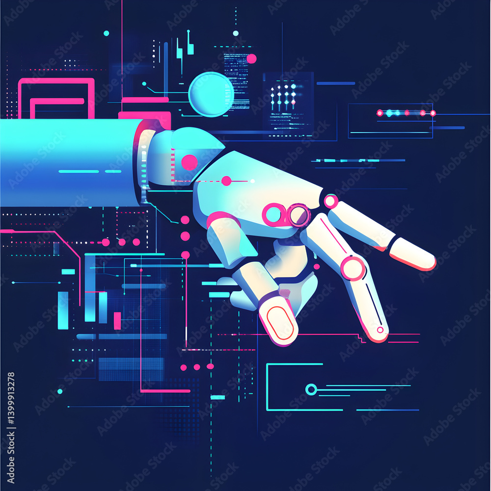 Poster robotic arm interaction futuristic lab digital artwork tech environment close-up view innovation con