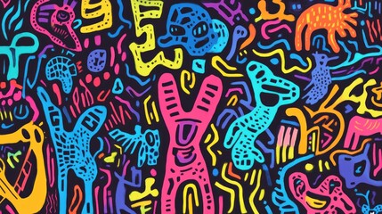 Vibrant, abstract artwork featuring playful, colorful creatures and shapes on a dark background