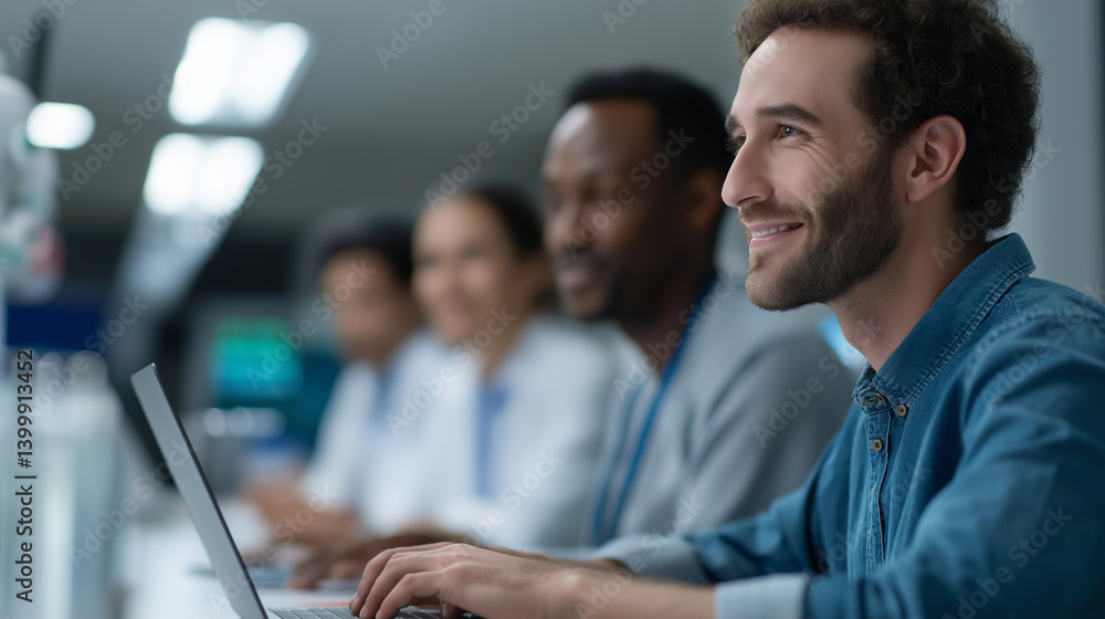 Poster diverse engineering team collaborates in high-tech research lab