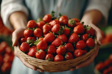 Hands Holding a Basket of Fresh Strawberries in a Market Setting