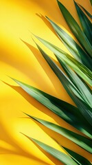 Tropical green palm leaves on vibrant yellow background creating a refreshing summer mood bright light and shadow adding depth and visual appeal close up view