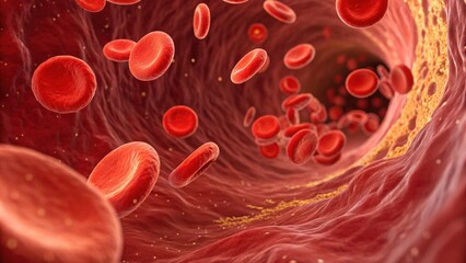 Fototapeta premium Microscopic view of red blood cells in a blood vessel.