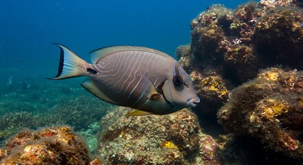 Obraz premium Oceanic Serenity A Grey Surgeonfish Among Coral Reefs AI Generated
