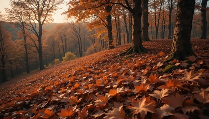 Walking on Autumn Leaves in Forest During Fall Season with Trees