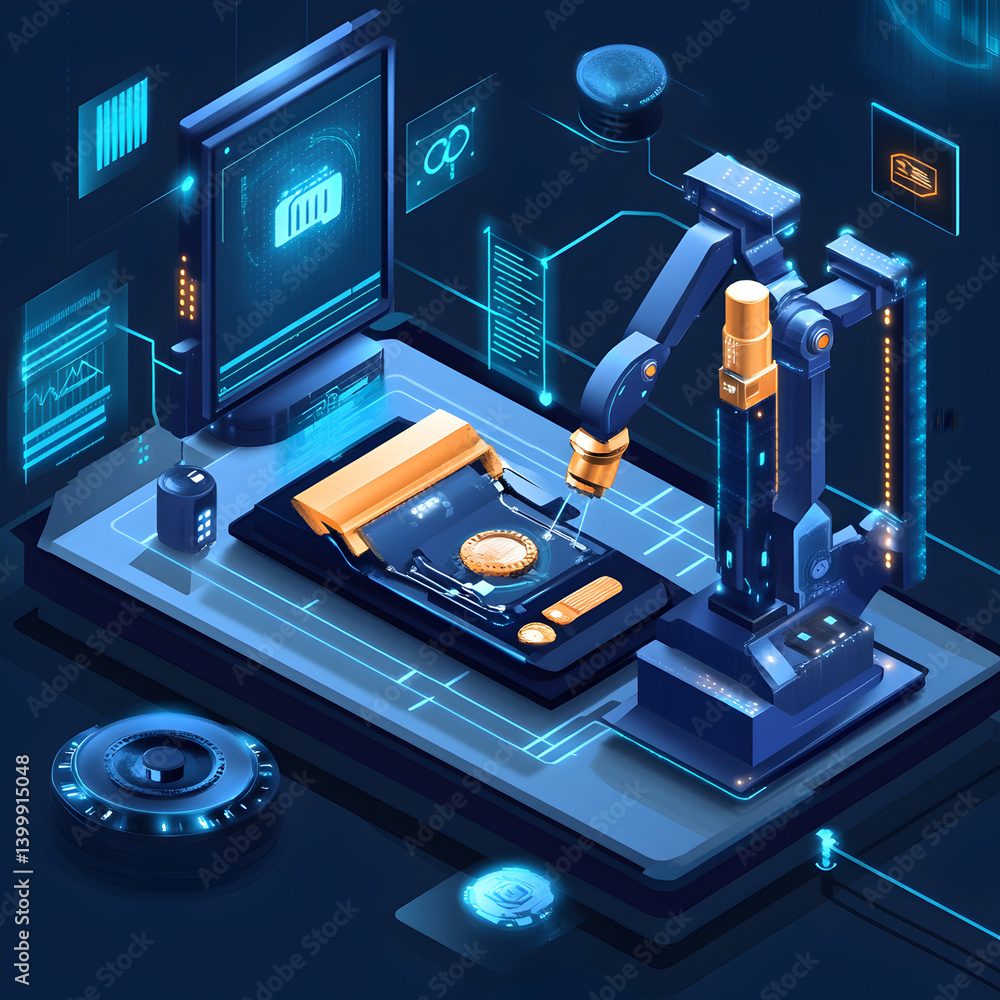 Poster robotic arm operating in a high-tech laboratory digital illustration futuristic environment close-up