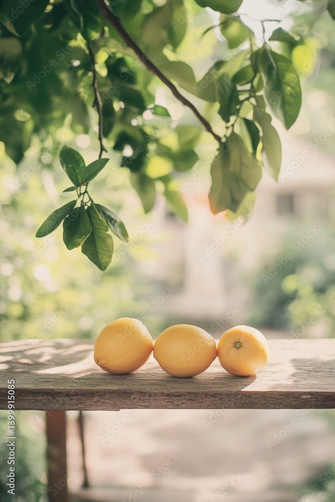 Poster serene still life of three lemons on a wooden surface underneath a lemon tree with a soft bokeh back