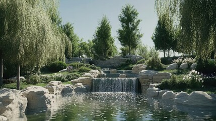 Naklejka premium Tranquil cascade amidst verdant foliage and weathered stones capturing the serene beauty of nature with a low angle shot and a peaceful mood