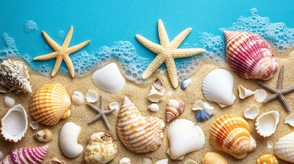 Seashells and Starfish on Sandy Beach with Ocean Foam
