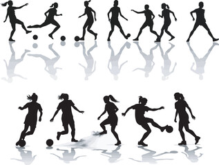 set of Football, female soccer player, sports avatar Vector silhouette on white background.