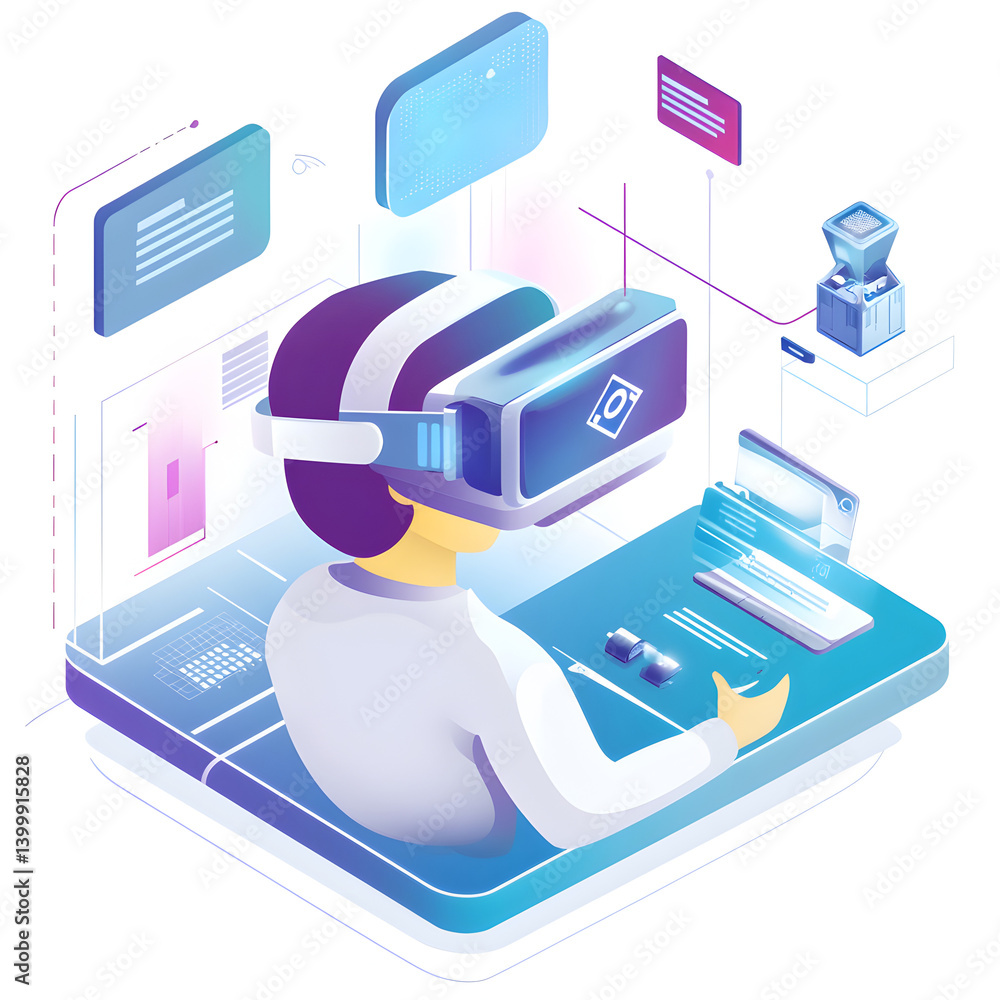 Poster exploring virtual reality innovations tech lab digital illustration futuristic environment user pers