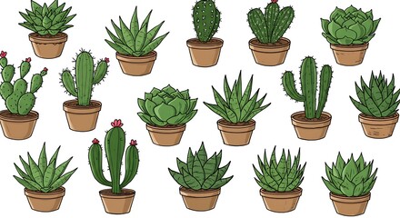 Fototapeta premium Charming Hand-Drawn Illustration of Succulents and Cacti in Pots AI Generated