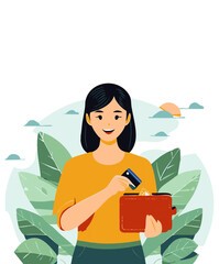 Happy Woman Holding Wallet Full of Money and Credit Card for Financial and Shopping Concept

