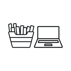 Laptop and fried fries icon reflects casual work vibes, tasty snack breaks, and fun digital moments.
