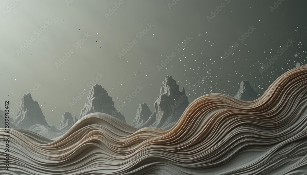 Poster dynamic flow of textured waves abstract landscape digital art surreal environment wide viewpoint con