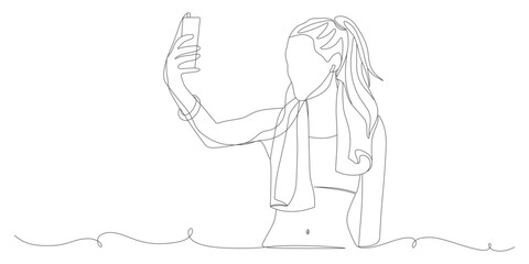 One Line Drawing of Sporty Woman Taking Selfie After Workout