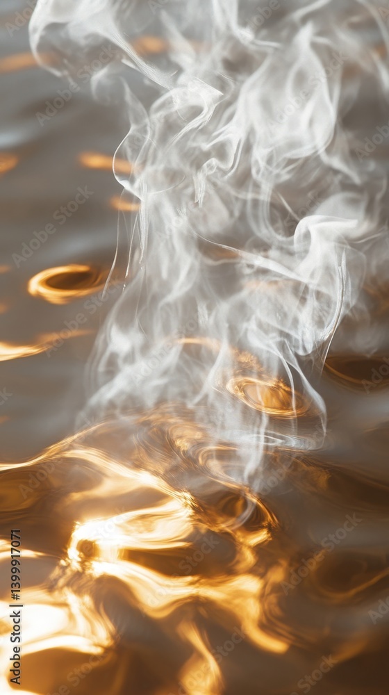 Poster ethereal smoke rising above golden liquid surface creating a mesmerizing visual effect with a warm a