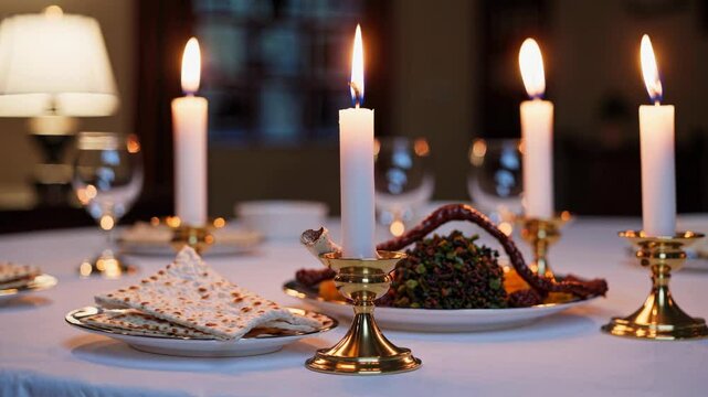 Matzah bread and candles for Passover on festive dining table at home, symbolic Jewish tradition