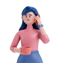 woman in business attire on call, holding a cup, symbolizing busy professional life. 3D rendering, conceptual image. Isolated on white background.