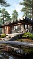 Modern house in forest, 3d render HD 8K mockup wallpaper Photographic Image