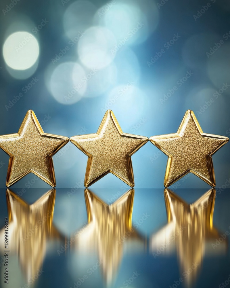 Poster three golden stars aligned on a reflective surface against a bokeh background symbolizing success an