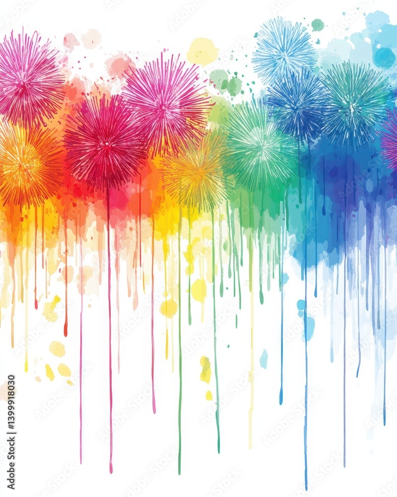 Poster vibrant watercolor explosion of rainbow hues creating a dynamic and artistic background with a playf