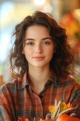 Young Woman in Plaid Shirt Holding Harvest Bouquet in Cozy Workshop