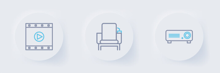 Set line Movie, film, media projector, Cinema chair and Play Video icon. Vector