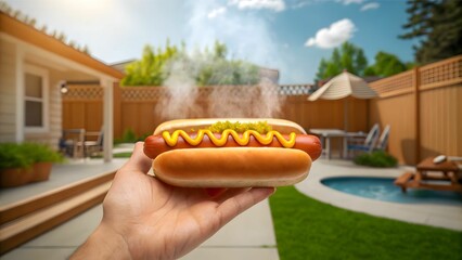 Suburban BBQ concept A hand holds a hot dog with mustard, set in a sunny backyard with a pool and seating area.