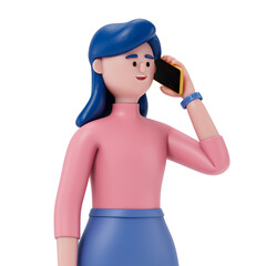 woman in blue shirt on phone, symbolizing business communication. 3D rendering, conceptual image. Isolated on white background.