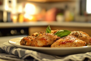 Fototapeta premium Roasted chicken breasts and thighs on a plate in a kitchen setting.