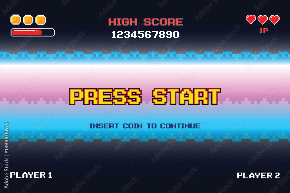 Poster press start. insert a coin to continue. pixel art .8 bit game. retro game. for game assets. retro fu