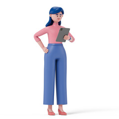 woman holding tablet, symbolizing idea sharing or digital collaboration. 3D rendering, conceptual image. Isolated on white background.