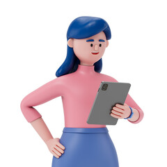 woman holding tablet, symbolizing idea sharing or digital collaboration. 3D rendering, conceptual image. Isolated on white background.